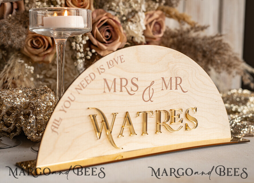 Rustic Wood and Golden Top Table Mr Mrs signs with stand, Country Barn Top  Table Sign, Wood & Golden