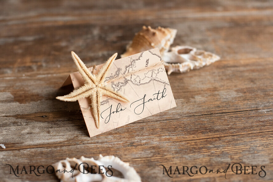 Elegant Marine Wedding Place Cards with Twine, Starfish and Map Graphic, Marine Name Tags for Your Wedding Tables, Destination Travel Wedding Place Tags