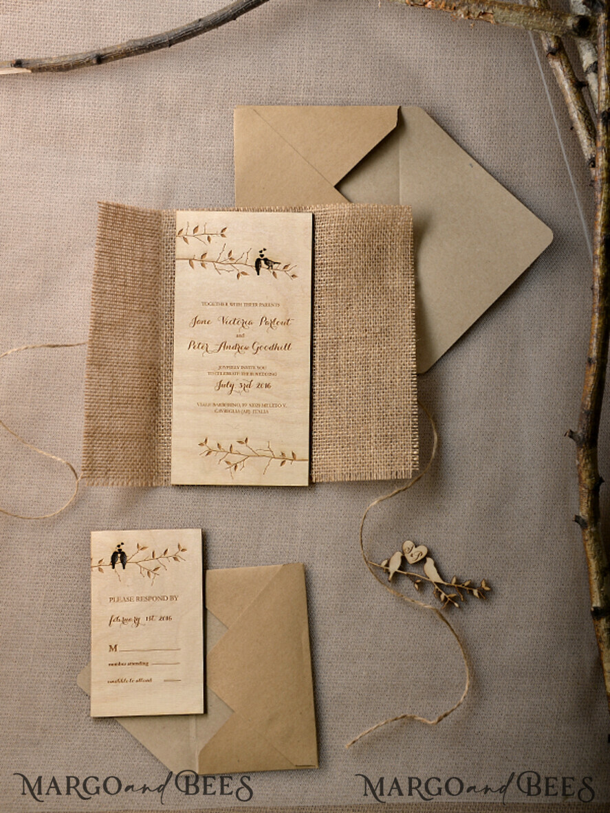 Rustic Tree Laser Cut Wedding Invitation Black and White with Kraft Brown Envelopes and Twine Woodland Invitation Set