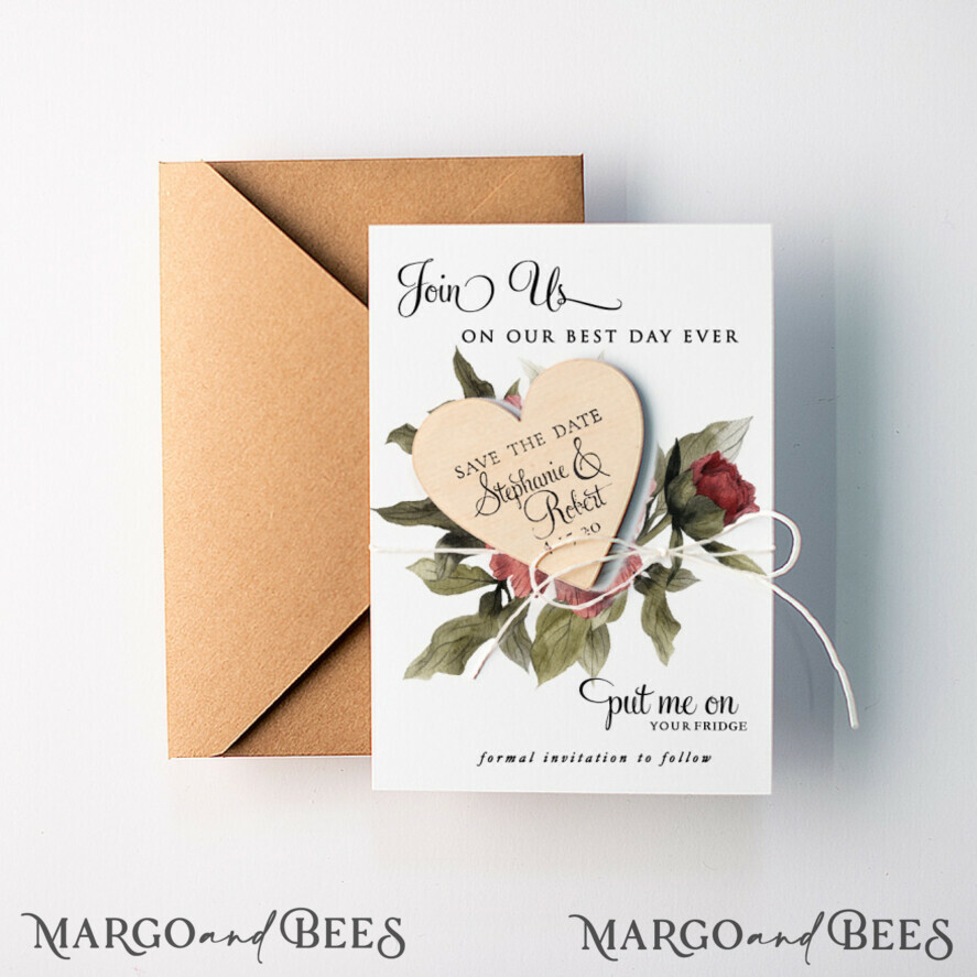 Wedding Save The Date Card and Heart Magnet, Blush Ivory Save Our Date  Magnets, Boho save our dates Cards wooden Magnets Cards