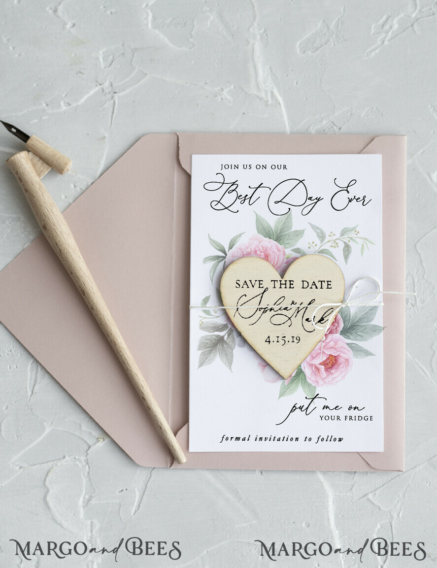Wedding Save The Date Card and Heart Magnet, Beige Ivory Save Our Date  Magnets, Boho save our dates Cards wooden Magnets Cards