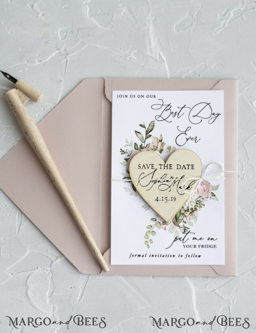Wedding Save The Date Card and Heart Magnet, Blush Pink Save Our Date  Magnets, Boho save our dates C