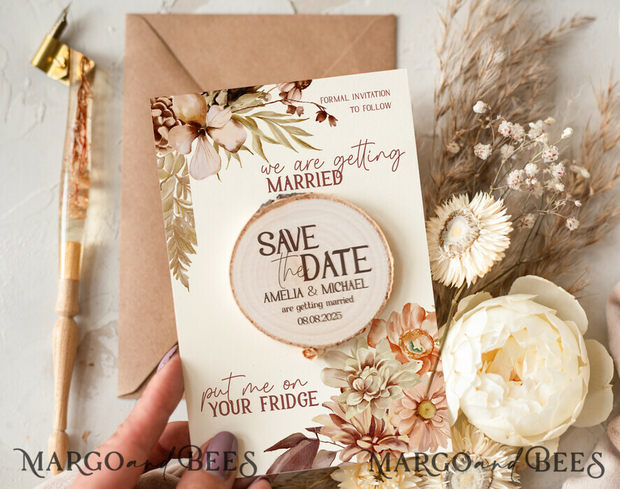 Wedding Save The Date Card and wooden slice Magnet, craft Save Our Date  wood slice Magnets, Boho save our dates Cards wooden Magnets Cards, boho  wedding save the date cards and slice