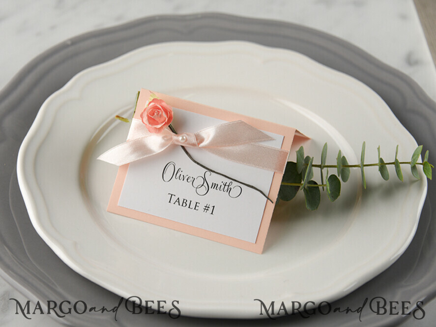 Floral wedding Place Cards with Pink Ribbon, Elegant Wedding Place Cards,  Botanical Wedding Name Tags, Romantic Wedding Table Decor, Delicate Wedding  Cards