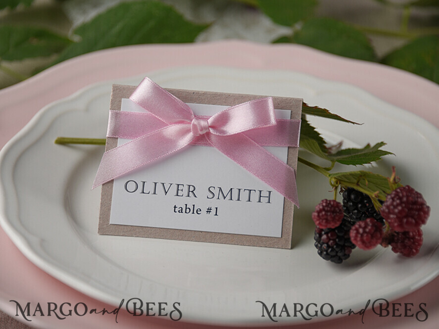 Floral wedding Place Cards with Pink Ribbon, Elegant Wedding Place