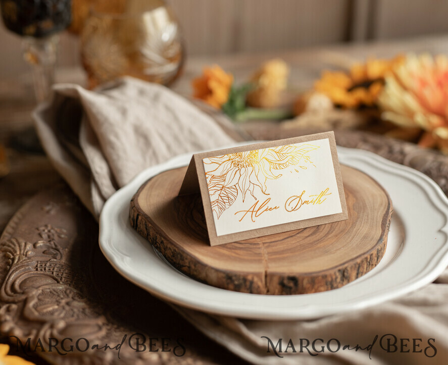 Elegant Eco Brown and White Wedding Place Cards with Gold Foil Romantic Name Tags for Your Wedding