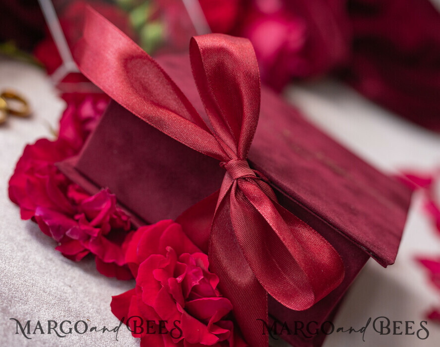 Wedding Favor Boxes Personalized With Burgundy Satin Ribbon, Bow