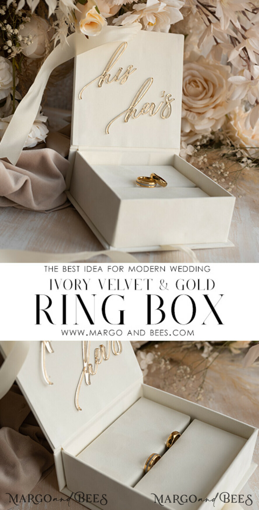 Beige White velvet Wedding Ring Box for ceremony, Nude Ring Box for Wedding  Ceremony 3 rings velvet, Boho Glam Wedding Ring Boxes his hers, Luxury Velvet  Ring box double Custom Colors