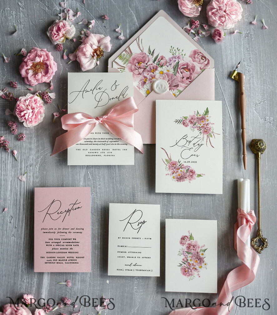 Calligraphy Ribbon Wedding Invitations in Dusty Rose