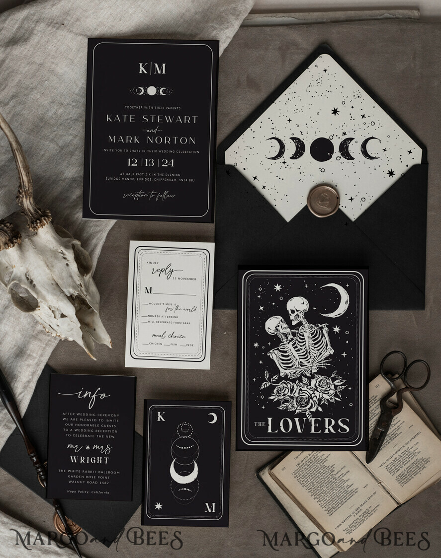 WEDDING INVITATIONS Modern Invites Floral Cards Halloween Wedding Invitations Suite, Black Invitations, Tarot Cards Invites, Gothic Wedding Invitation Cards, The Lovers Skeleton Wedding Set black