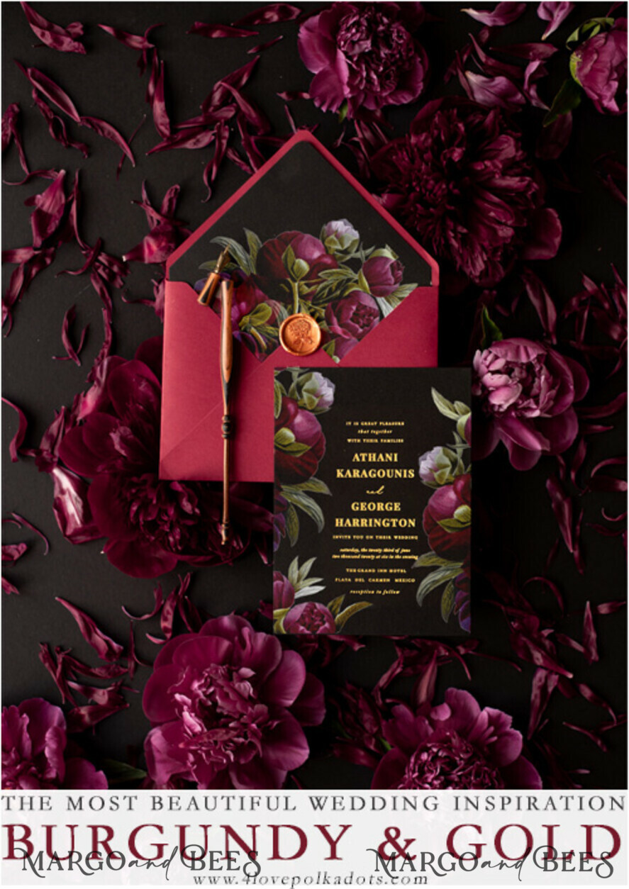 HOCHZEITS EINLADUNGEN Moderne Einladungen Florale Karten Schwarze Hochzeitseinladungen, schwarze Karte, rote Hochzeitseinladungen, burgunderrote Hochzeitseinladungen, Marsala Hochzeitseinladungen, Blumenblüte, roter Umschlag, rot-schwarze Hochzeitseinladungen, florale Hochzeitseinladungen, goldene Beschriftung, vintage Blumen, vintage Blumenillustration, vintage Hochzeitseinladungen, florale Hochzeitspapeterie, florale Hochzeitsaccessoires, personalisierte Hochzeitseinladungen, handgemachte Hochzeitseinladungen.