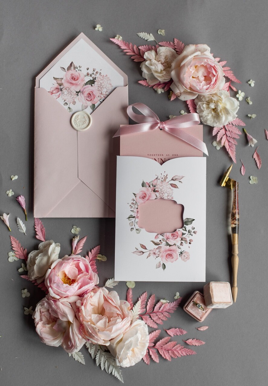 WEDDING INVITATIONS Modern Invites Floral Cards  Elegant Blush Pink Wedding Invitations, Glamour Arabic Pocket Wedding Invites, Modern Floral Wedding Cards, Minimalistic Wedding Invitation Suite