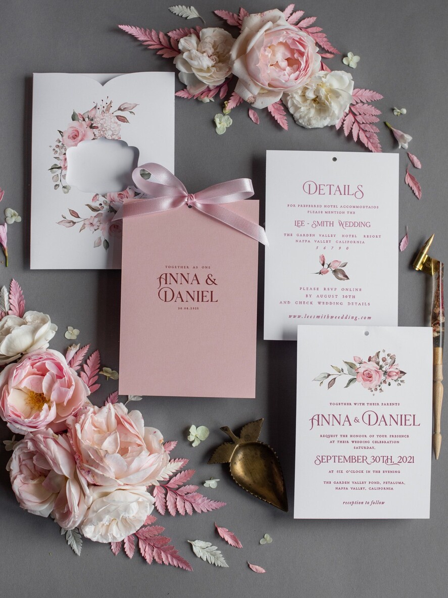 WEDDING INVITATIONS Modern Invites Floral Cards  Elegant Blush Pink Wedding Invitations, Glamour Arabic Pocket Wedding Invites, Modern Floral Wedding Cards, Minimalistic Wedding Invitation Suite