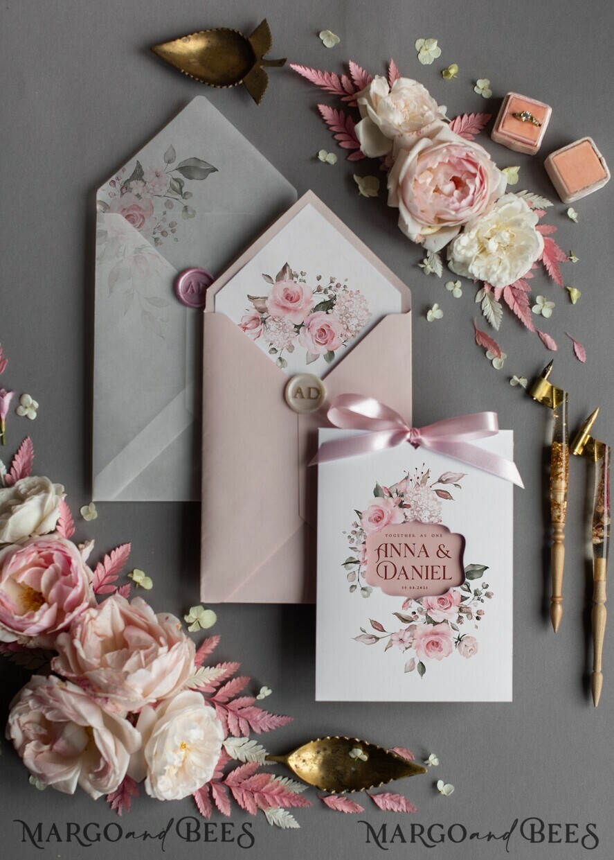 WEDDING INVITATIONS Modern Invites Floral Cards  Elegant Blush Pink Wedding Invitations, Glamour Arabic Pocket Wedding Invites, Modern Floral Wedding Cards, Minimalistic Wedding Invitation Suite