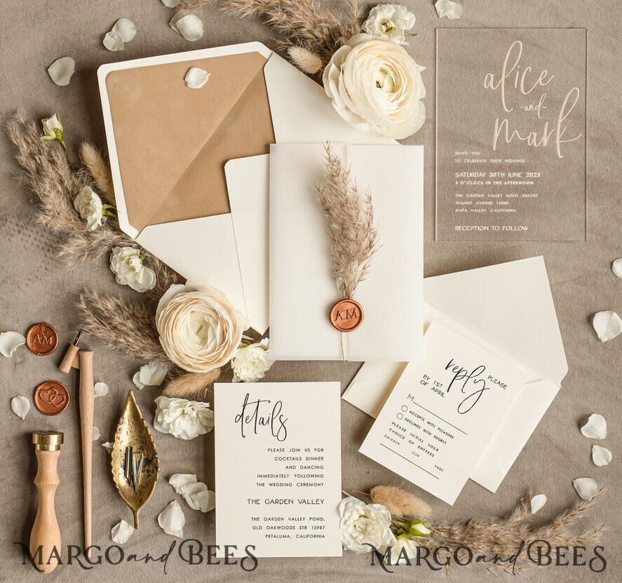 Pampass Grass Acrylic Wedding invitations cards, Nude Velvet wedding invitations Floral Wedding Invitation Suite • Handmade wedding Stationery