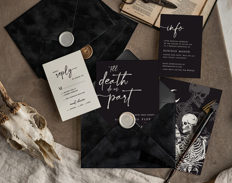 WEDDING INVITATIONS Modern Invites Floral Cards Halloween Wedding Invitations Suite, Black Invitations, Tarot Cards Invites, Gothic Wedding Invitation Cards, The Lovers Skeleton Wedding Set black