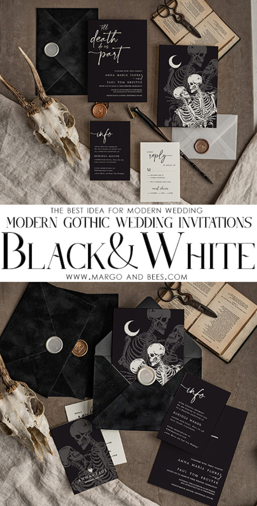 WEDDING INVITATIONS Modern Invites Floral Cards Halloween Wedding Invitations Suite, Black Invitations, Tarot Cards Invites, Gothic Wedding Invitation Cards, The Lovers Skeleton Wedding Set black