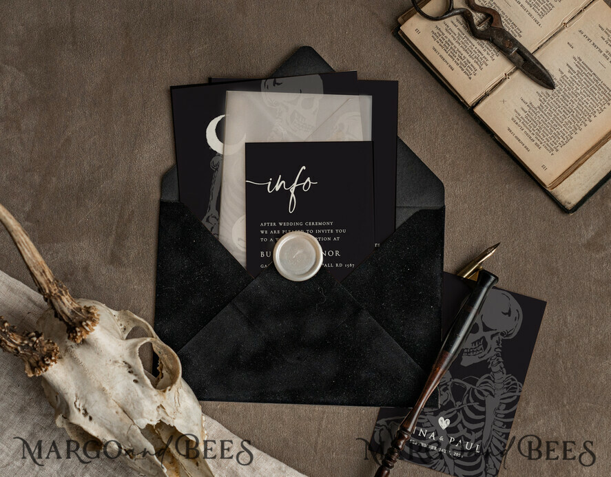 WEDDING INVITATIONS Modern Invites Floral Cards Halloween Wedding Invitations Suite, Black Invitations, Tarot Cards Invites, Gothic Wedding Invitation Cards, The Lovers Skeleton Wedding Set black