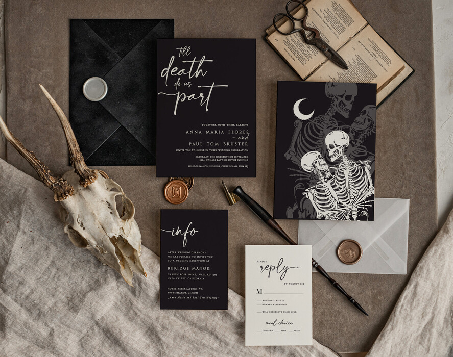 WEDDING INVITATIONS Modern Invites Floral Cards Halloween Wedding Invitations Suite, Black Invitations, Tarot Cards Invites, Gothic Wedding Invitation Cards, The Lovers Skeleton Wedding Set black