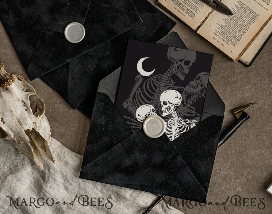WEDDING INVITATIONS Modern Invites Floral Cards Halloween Wedding Invitations Suite, Black Invitations, Tarot Cards Invites, Gothic Wedding Invitation Cards, The Lovers Skeleton Wedding Set black