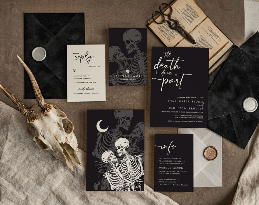 WEDDING INVITATIONS Modern Invites Floral Cards Halloween Wedding Invitations Suite, Black Invitations, Tarot Cards Invites, Gothic Wedding Invitation Cards, The Lovers Skeleton Wedding Set black