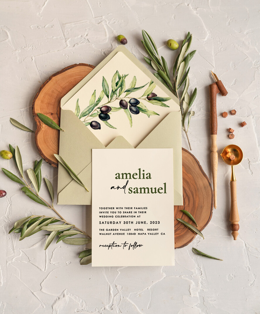 WEDDING INVITATIONS Modern Invites Floral Cards Handmade wedding invitation, Olives Tuscany Wedding invitations, Greek Travel Wedding Stationery, Natural Olives Luxury wedding Invites