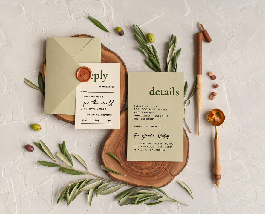 WEDDING INVITATIONS Modern Invites Floral Cards Handmade wedding invitation, Olives Tuscany Wedding invitations, Greek Travel Wedding Stationery, Natural Olives Luxury wedding Invites