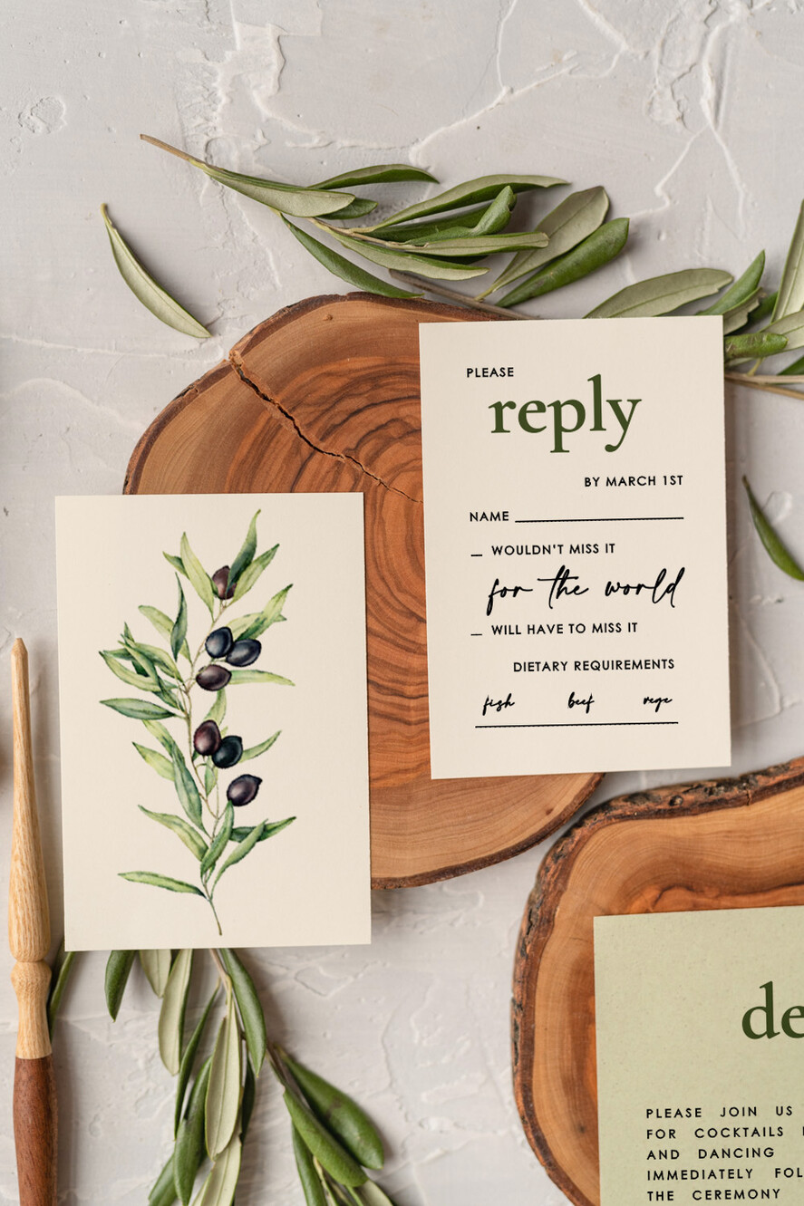 WEDDING INVITATIONS Modern Invites Floral Cards Handmade wedding invitation, Olives Tuscany Wedding invitations, Greek Travel Wedding Stationery, Natural Olives Luxury wedding Invites