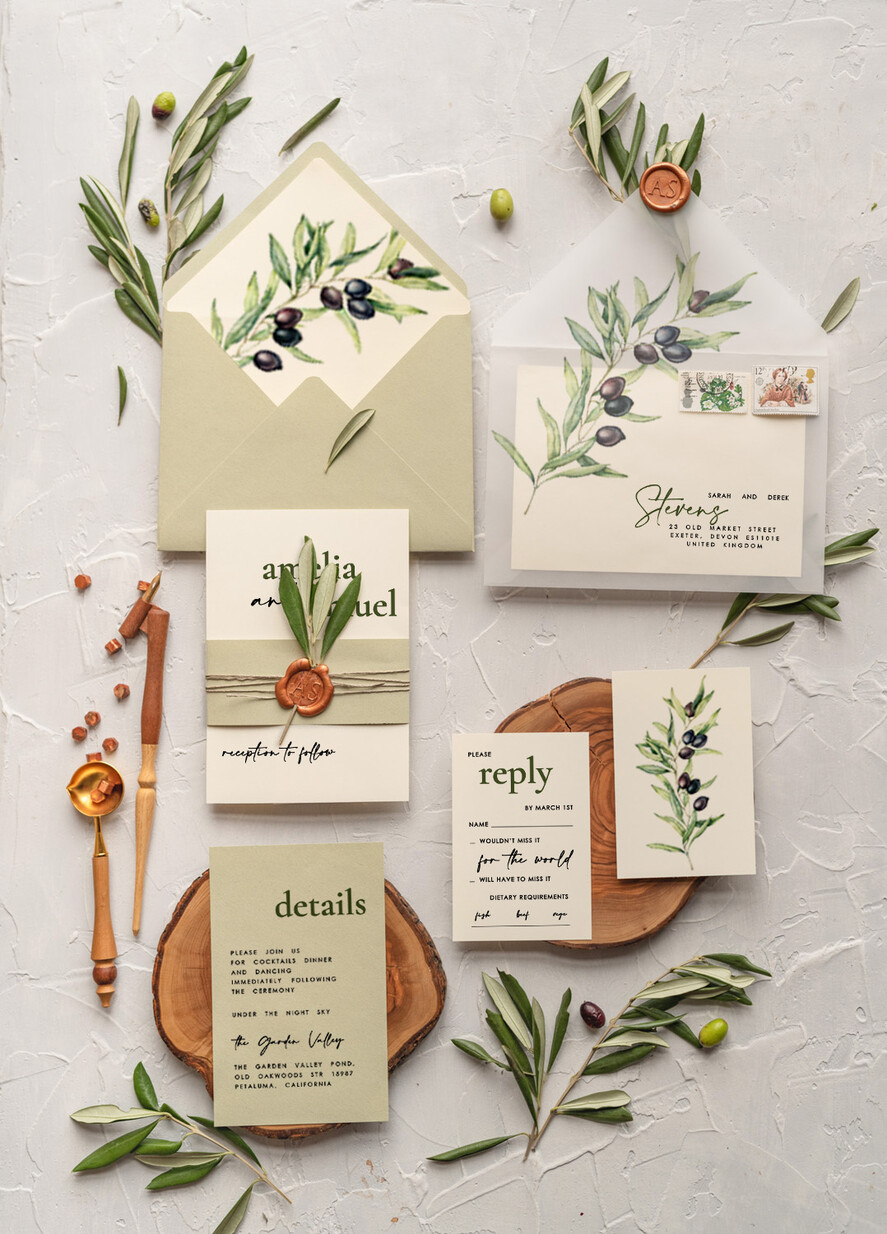 WEDDING INVITATIONS Modern Invites Floral Cards Handmade wedding invitation, Olives Tuscany Wedding invitations, Greek Travel Wedding Stationery, Natural Olives Luxury wedding Invites