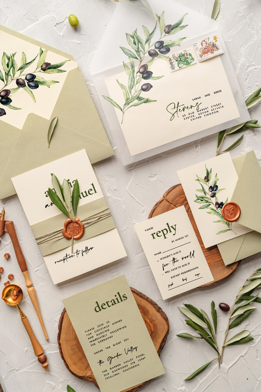 WEDDING INVITATIONS Modern Invites Floral Cards Handmade wedding invitation, Olives Tuscany Wedding invitations, Greek Travel Wedding Stationery, Natural Olives Luxury wedding Invites