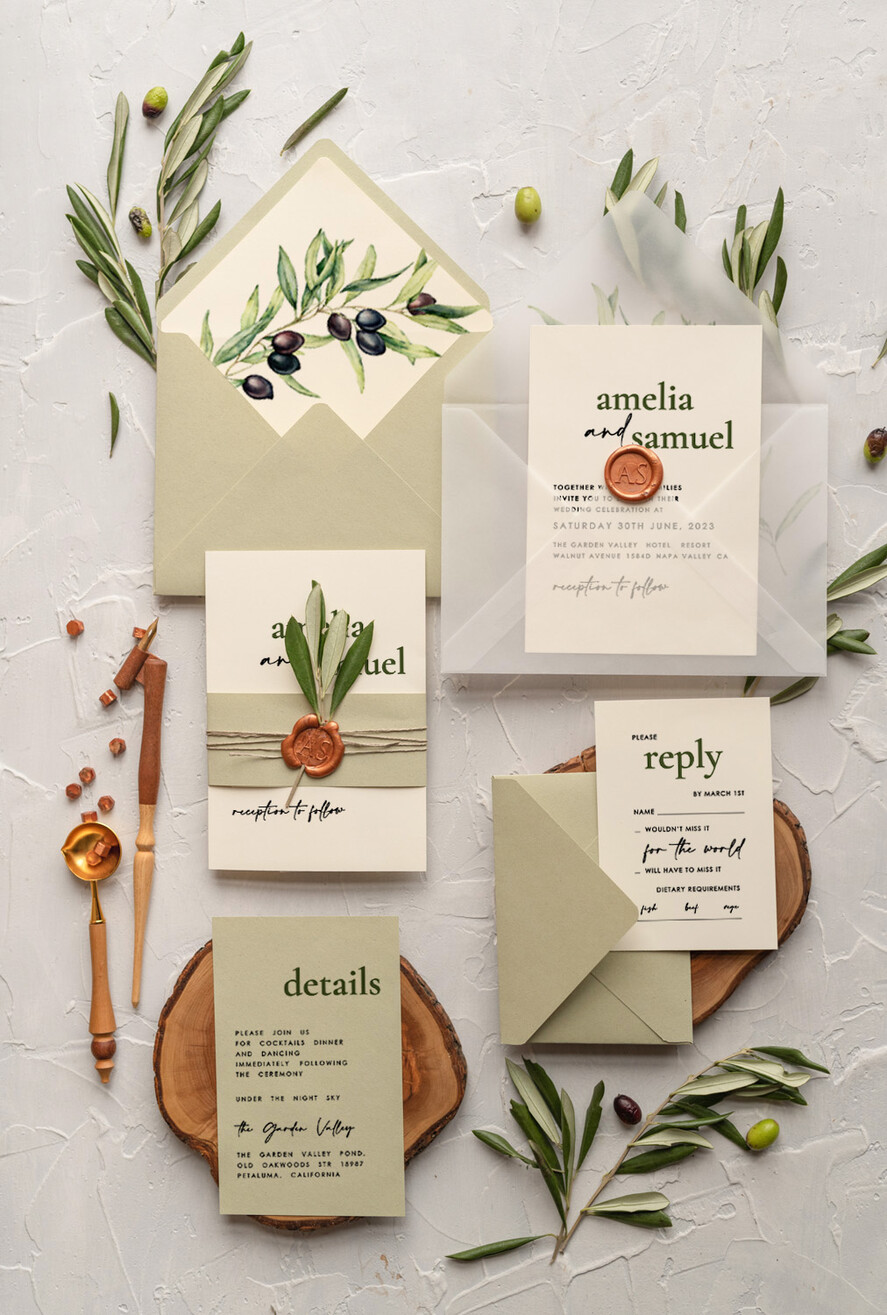 WEDDING INVITATIONS Modern Invites Floral Cards Handmade wedding invitation, Olives Tuscany Wedding invitations, Greek Travel Wedding Stationery, Natural Olives Luxury wedding Invites