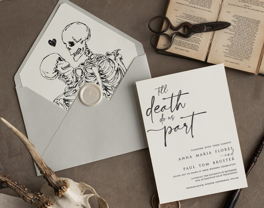 WEDDING INVITATIONS Modern Invites Floral Cards Halloween Wedding Invitations Suite, Black Invitations, Tarot Cards Invites, Gothic Wedding Invitation Cards, The Lovers Skeleton Wedding Set black