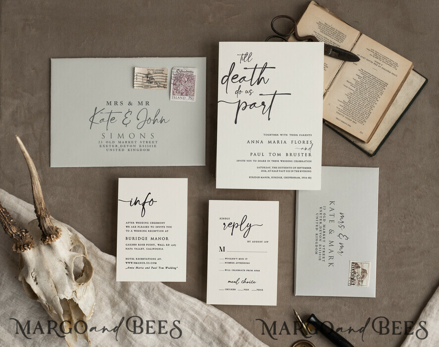 WEDDING INVITATIONS Modern Invites Floral Cards Halloween Wedding Invitations Suite, Black Invitations, Tarot Cards Invites, Gothic Wedding Invitation Cards, The Lovers Skeleton Wedding Set black