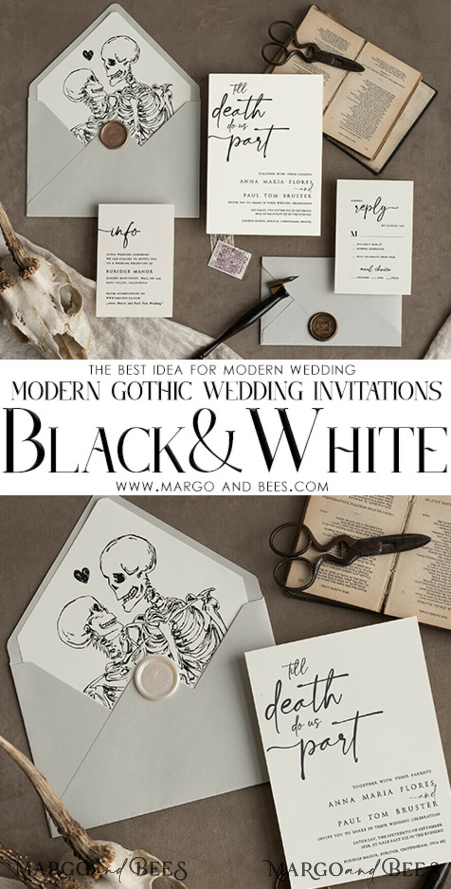 WEDDING INVITATIONS Modern Invites Floral Cards Halloween Wedding Invitations Suite, Black Invitations, Tarot Cards Invites, Gothic Wedding Invitation Cards, The Lovers Skeleton Wedding Set black