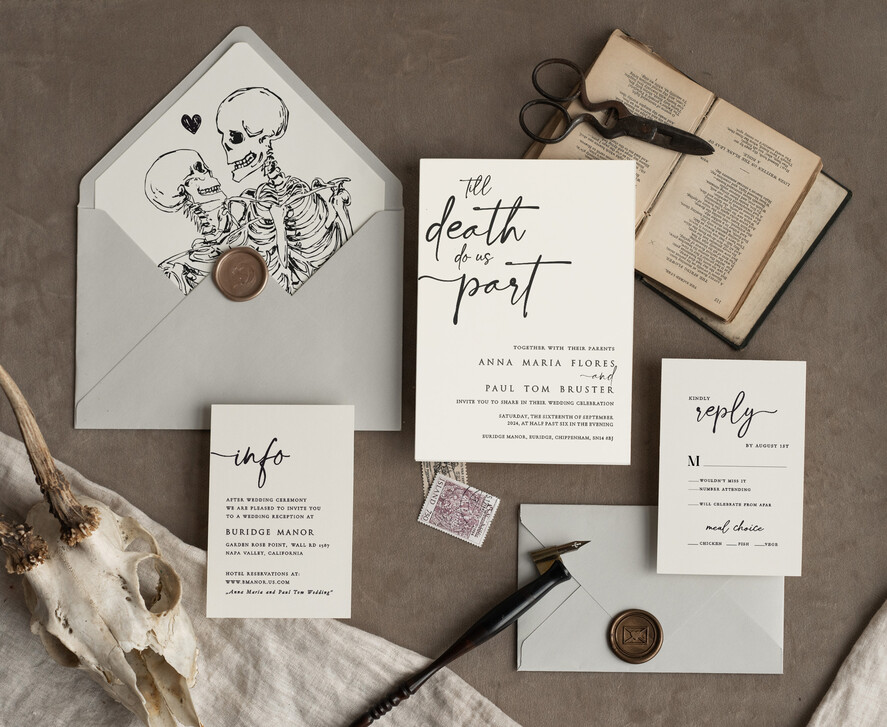 WEDDING INVITATIONS Modern Invites Floral Cards Halloween Wedding Invitations Suite, Black Invitations, Tarot Cards Invites, Gothic Wedding Invitation Cards, The Lovers Skeleton Wedding Set black