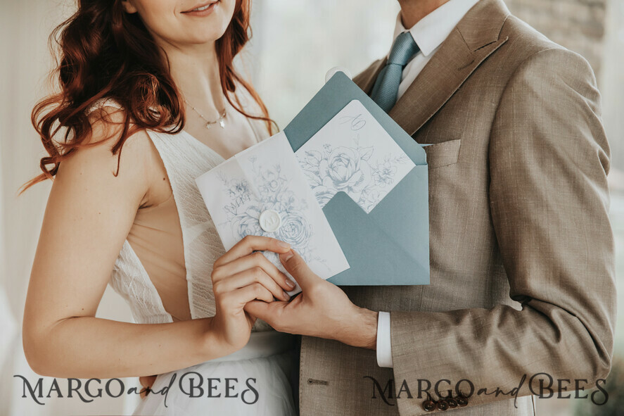 WEDDING INVITATIONS Modern Invites Floral Cards  Delicate Dusty Blue Wedding Invitations, Modern Floral Wedding Invites, Minimalistic Vellum Wedding Invitation Suite, Elegant And Handmade Wedding Stationery