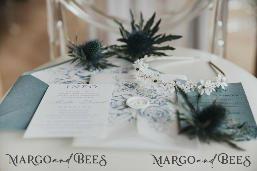 WEDDING INVITATIONS Modern Invites Floral Cards  Delicate Dusty Blue Wedding Invitations, Modern Floral Wedding Invites, Minimalistic Vellum Wedding Invitation Suite, Elegant And Handmade Wedding Stationery