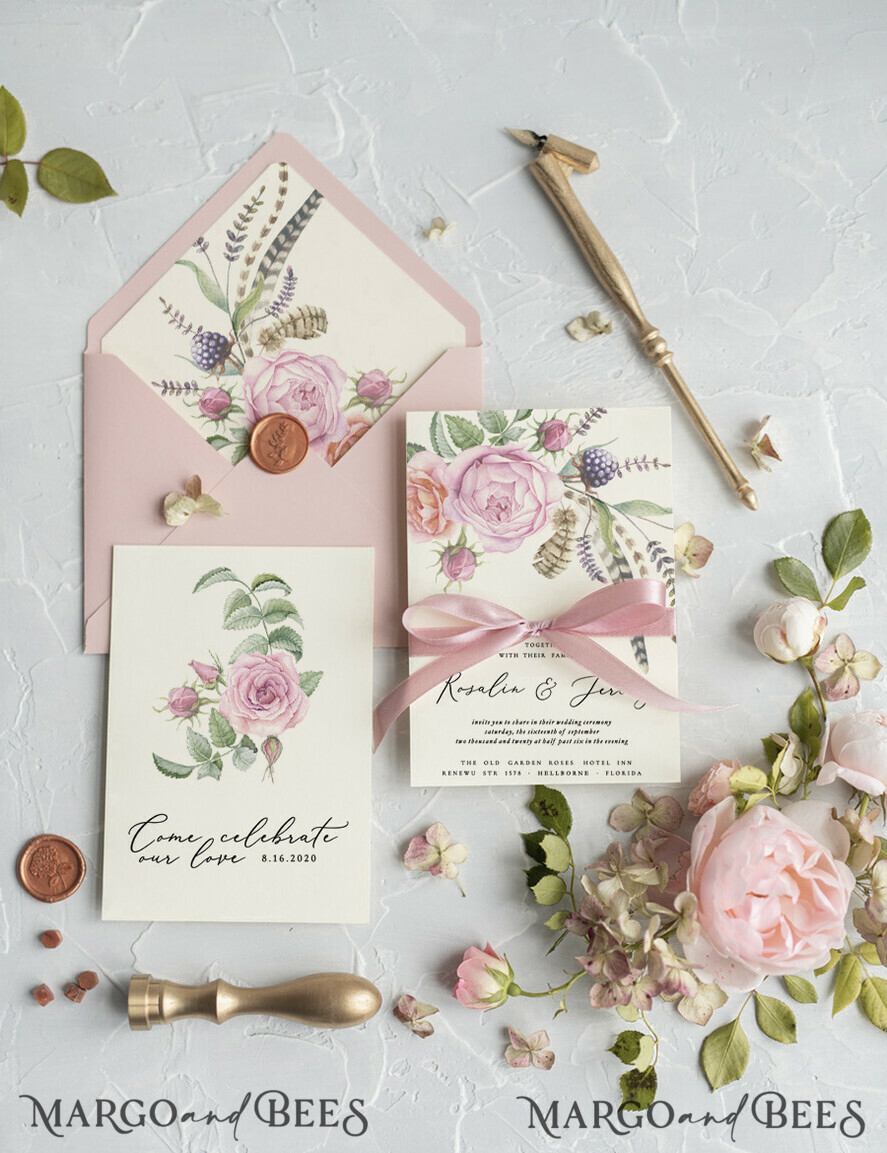 Floral wedding invitations, floral wedding accessories, floral