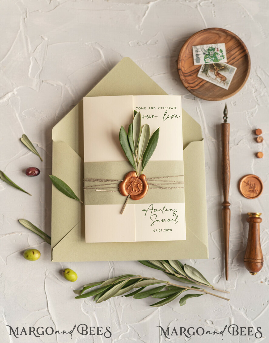 HOCHZEITS EINLADUNGEN Moderne Einladungen Florale Karten Natürliche Oliven Hochzeitskarten, elegante einfache Hochzeitskarten-Set, griechische Hochzeitsstationery, natürliche Oliven luxuriöse Hochzeitskarten Wachs Kupfer