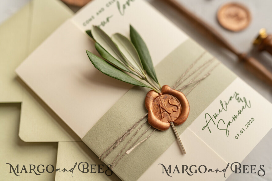 HOCHZEITS EINLADUNGEN Moderne Einladungen Florale Karten Natürliche Oliven Hochzeitskarten, elegante einfache Hochzeitskarten-Set, griechische Hochzeitsstationery, natürliche Oliven luxuriöse Hochzeitskarten Wachs Kupfer