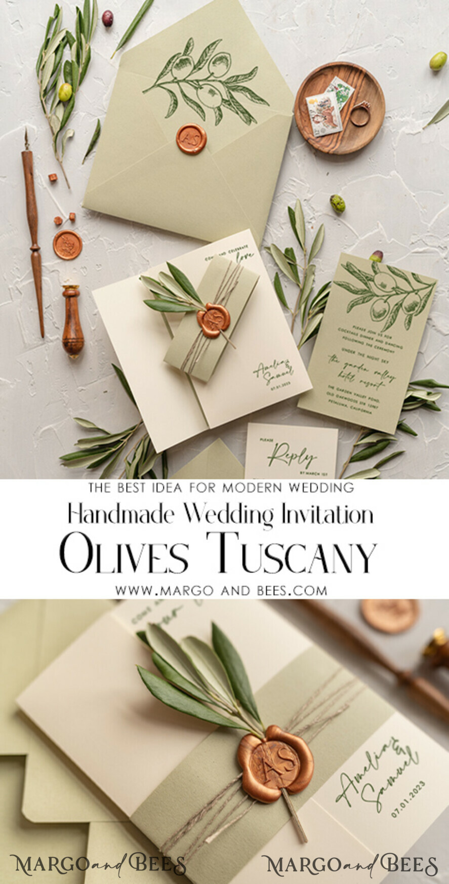 HOCHZEITS EINLADUNGEN Moderne Einladungen Florale Karten Natürliche Oliven Hochzeitskarten, elegante einfache Hochzeitskarten-Set, griechische Hochzeitsstationery, natürliche Oliven luxuriöse Hochzeitskarten Wachs Kupfer