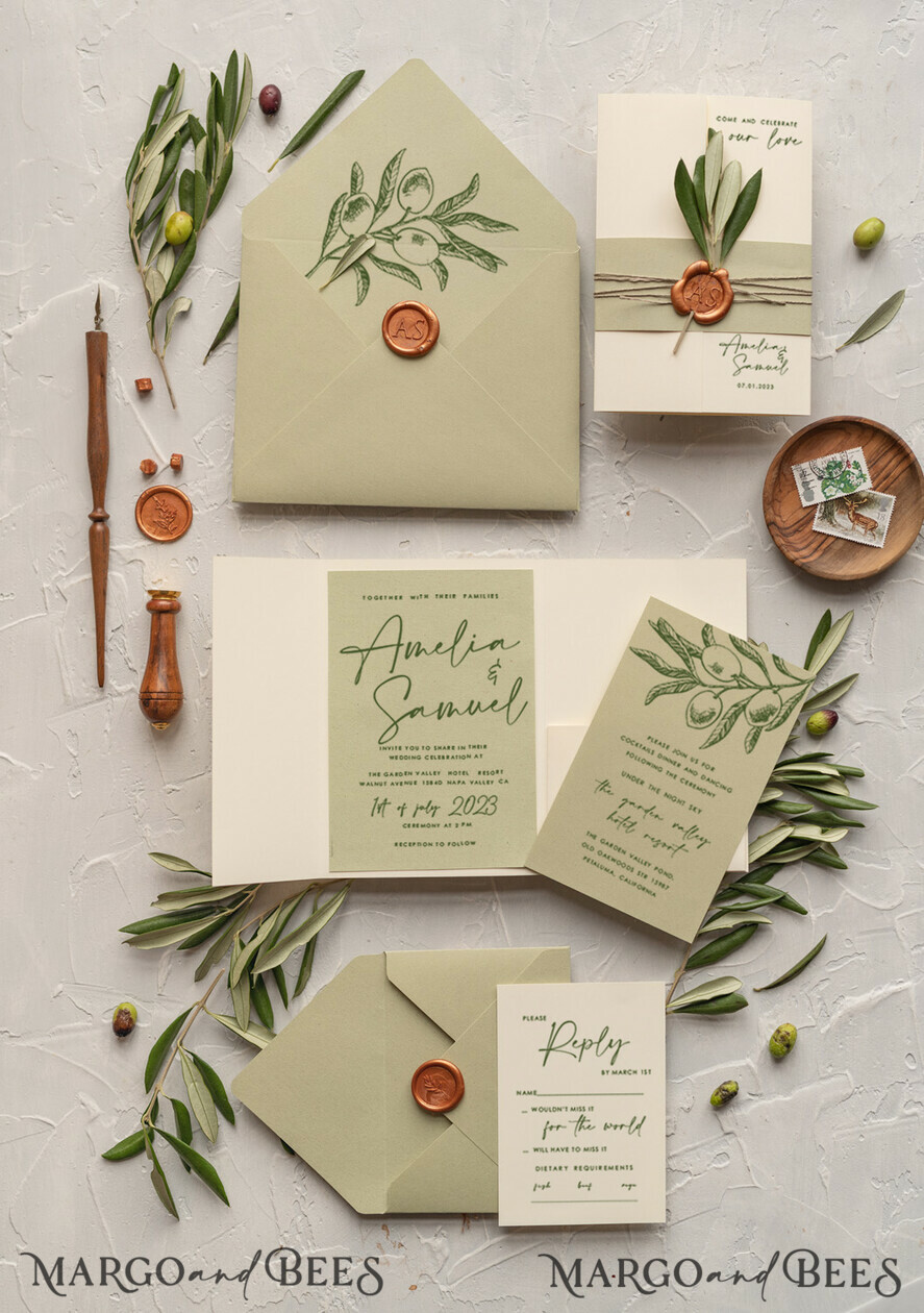 HOCHZEITS EINLADUNGEN Moderne Einladungen Florale Karten Natürliche Oliven Hochzeitskarten, elegante einfache Hochzeitskarten-Set, griechische Hochzeitsstationery, natürliche Oliven luxuriöse Hochzeitskarten Wachs Kupfer