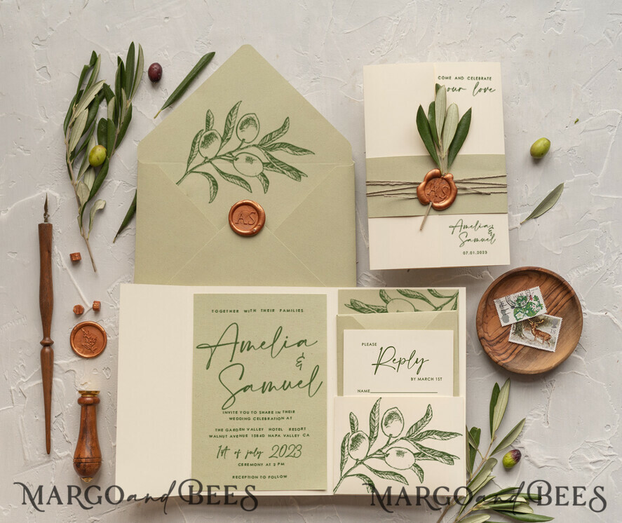 HOCHZEITS EINLADUNGEN Moderne Einladungen Florale Karten Natürliche Oliven Hochzeitskarten, elegante einfache Hochzeitskarten-Set, griechische Hochzeitsstationery, natürliche Oliven luxuriöse Hochzeitskarten Wachs Kupfer