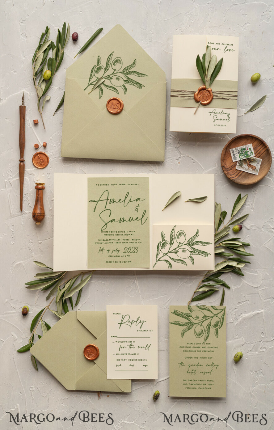 HOCHZEITS EINLADUNGEN Moderne Einladungen Florale Karten Natürliche Oliven Hochzeitskarten, elegante einfache Hochzeitskarten-Set, griechische Hochzeitsstationery, natürliche Oliven luxuriöse Hochzeitskarten Wachs Kupfer