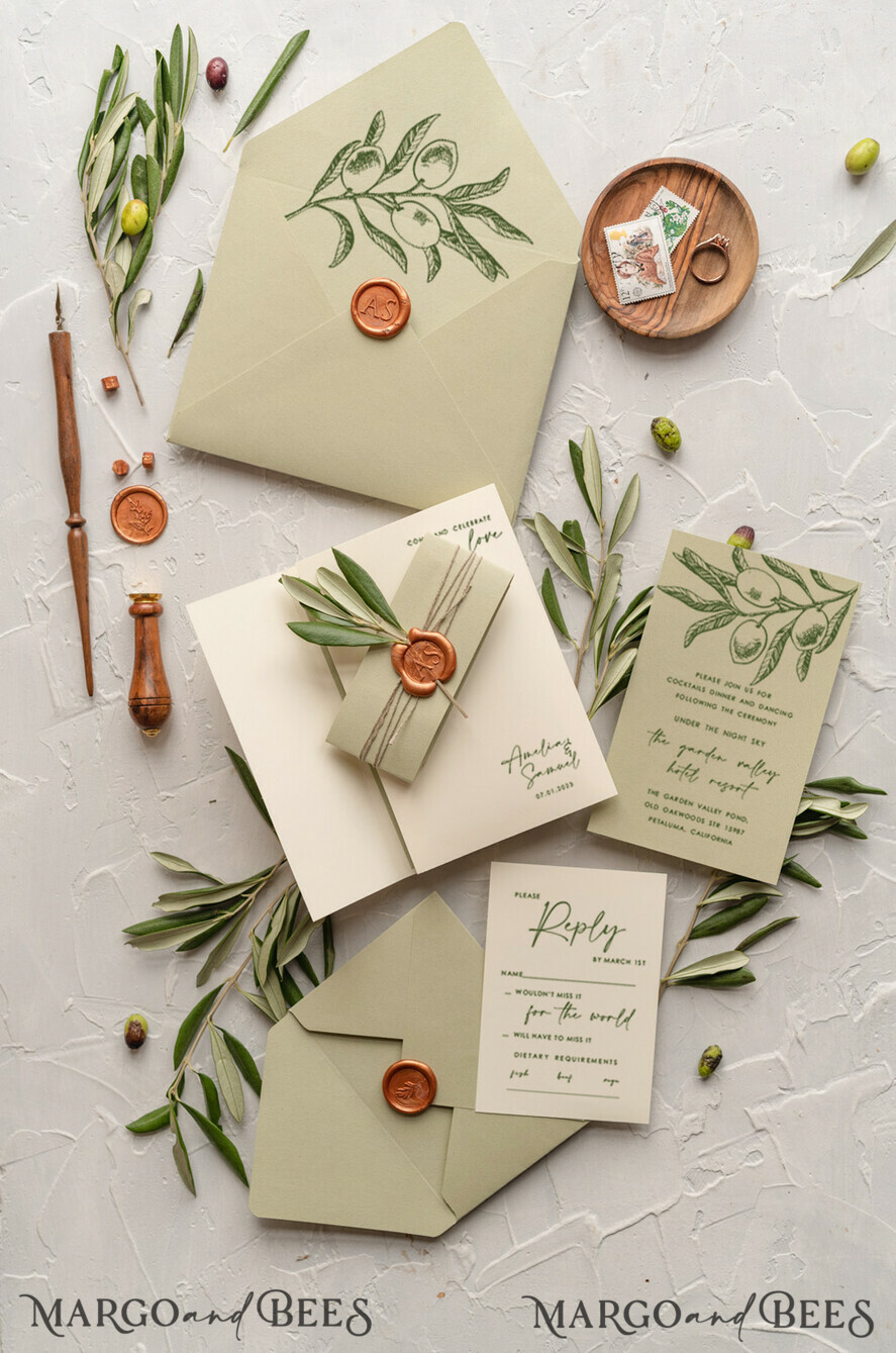 HOCHZEITS EINLADUNGEN Moderne Einladungen Florale Karten Natürliche Oliven Hochzeitskarten, elegante einfache Hochzeitskarten-Set, griechische Hochzeitsstationery, natürliche Oliven luxuriöse Hochzeitskarten Wachs Kupfer