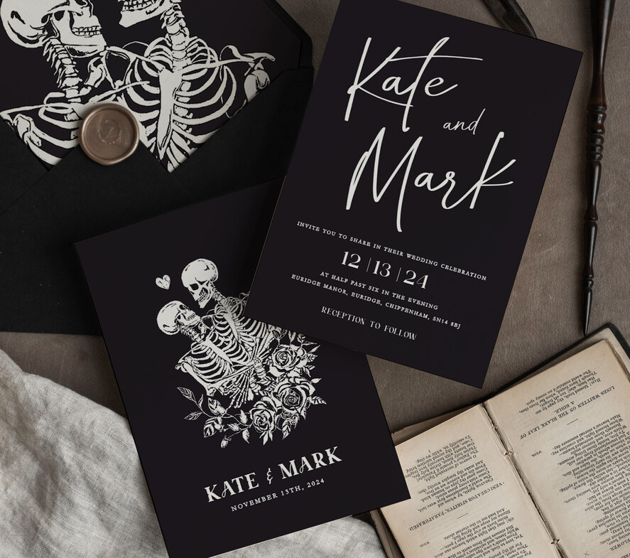 WEDDING INVITATIONS Modern Invites Floral Cards Halloween Wedding Invitations Suite, Black Invitations, Tarot Cards Invites, Gothic Wedding Invitation Cards, The Lovers Skeleton Wedding Set black