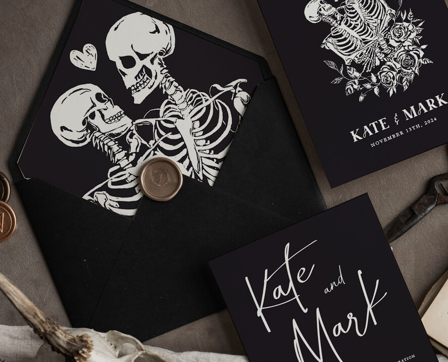 WEDDING INVITATIONS Modern Invites Floral Cards Halloween Wedding Invitations Suite, Black Invitations, Tarot Cards Invites, Gothic Wedding Invitation Cards, The Lovers Skeleton Wedding Set black
