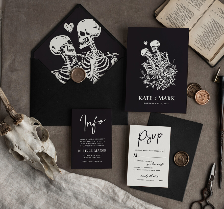 WEDDING INVITATIONS Modern Invites Floral Cards Halloween Wedding Invitations Suite, Black Invitations, Tarot Cards Invites, Gothic Wedding Invitation Cards, The Lovers Skeleton Wedding Set black