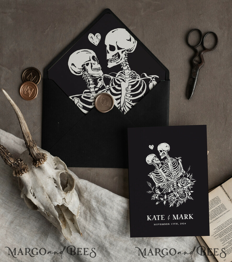 WEDDING INVITATIONS Modern Invites Floral Cards Halloween Wedding Invitations Suite, Black Invitations, Tarot Cards Invites, Gothic Wedding Invitation Cards, The Lovers Skeleton Wedding Set black