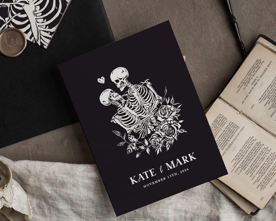 WEDDING INVITATIONS Modern Invites Floral Cards Halloween Wedding Invitations Suite, Black Invitations, Tarot Cards Invites, Gothic Wedding Invitation Cards, The Lovers Skeleton Wedding Set black